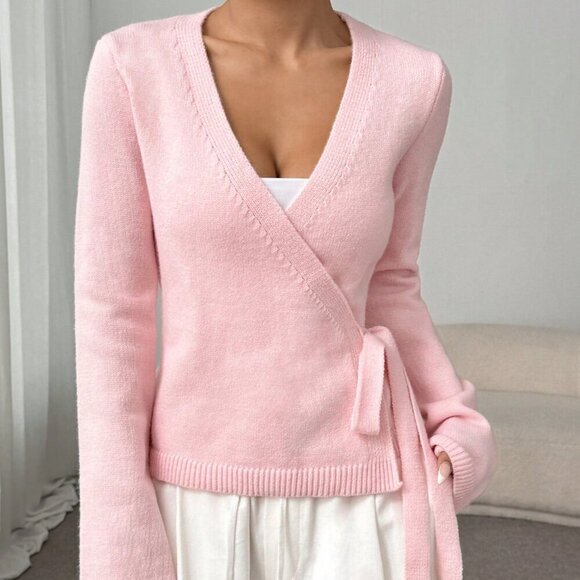 Pink Casual Women's Loose Tie-Front Long Sleeve Cardigan Tops - Picture 6 of 8